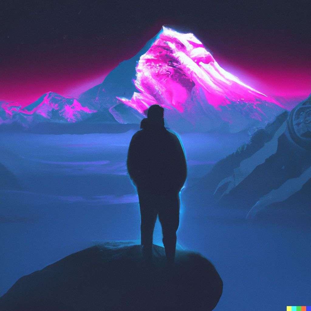someone gazing at Mount Everest, digital art, synthwave